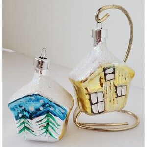 2 Vintage Glass Cabin Cottage House Christmas Ornaments Bradford Novelty Snowcap